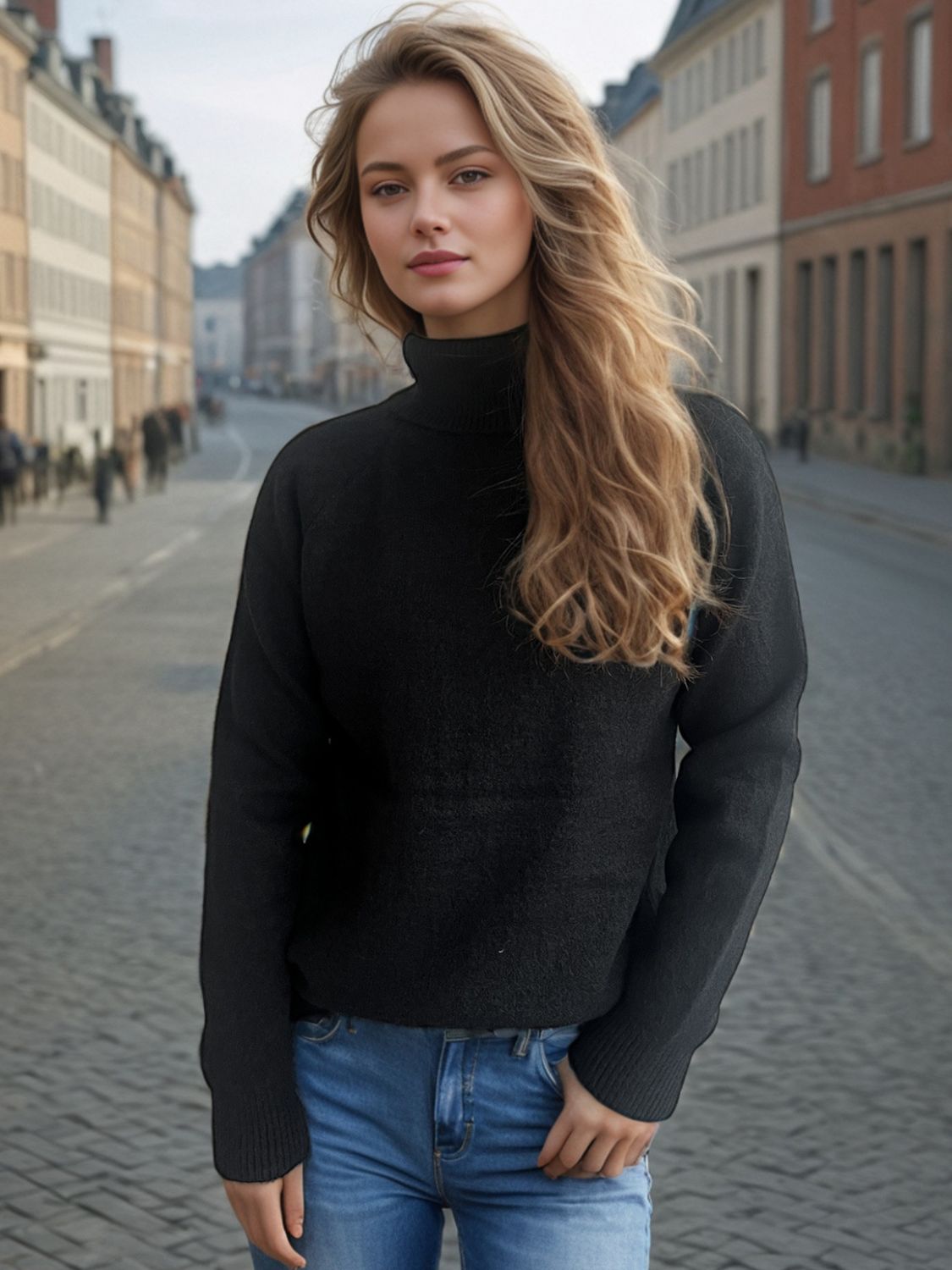 Black relaxed raglan turtleneck knit sweater with ribbed cuffs and hem.