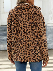 Leopard print sherpa overshirt jacket with a fuzzy texture and collar.