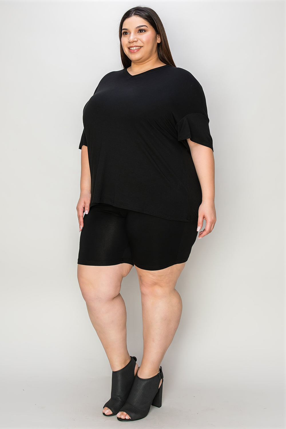 Black bamboo relaxed tee with ruffled sleeves and matching bike shorts loungewear set