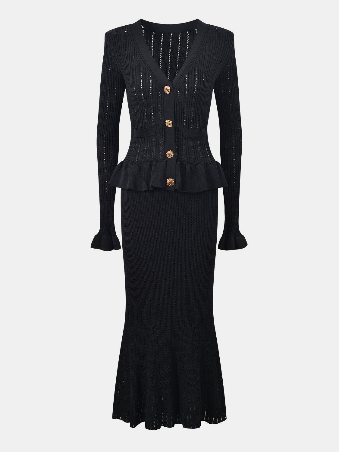 Black knit cardigan with peplum and ruffled hem skirt set