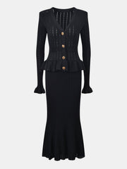 Black knit cardigan with peplum and ruffled hem skirt set