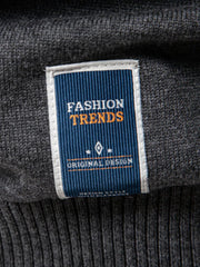 Gray crew neck knit sweater with "Fashion Trends Original Design" label detail