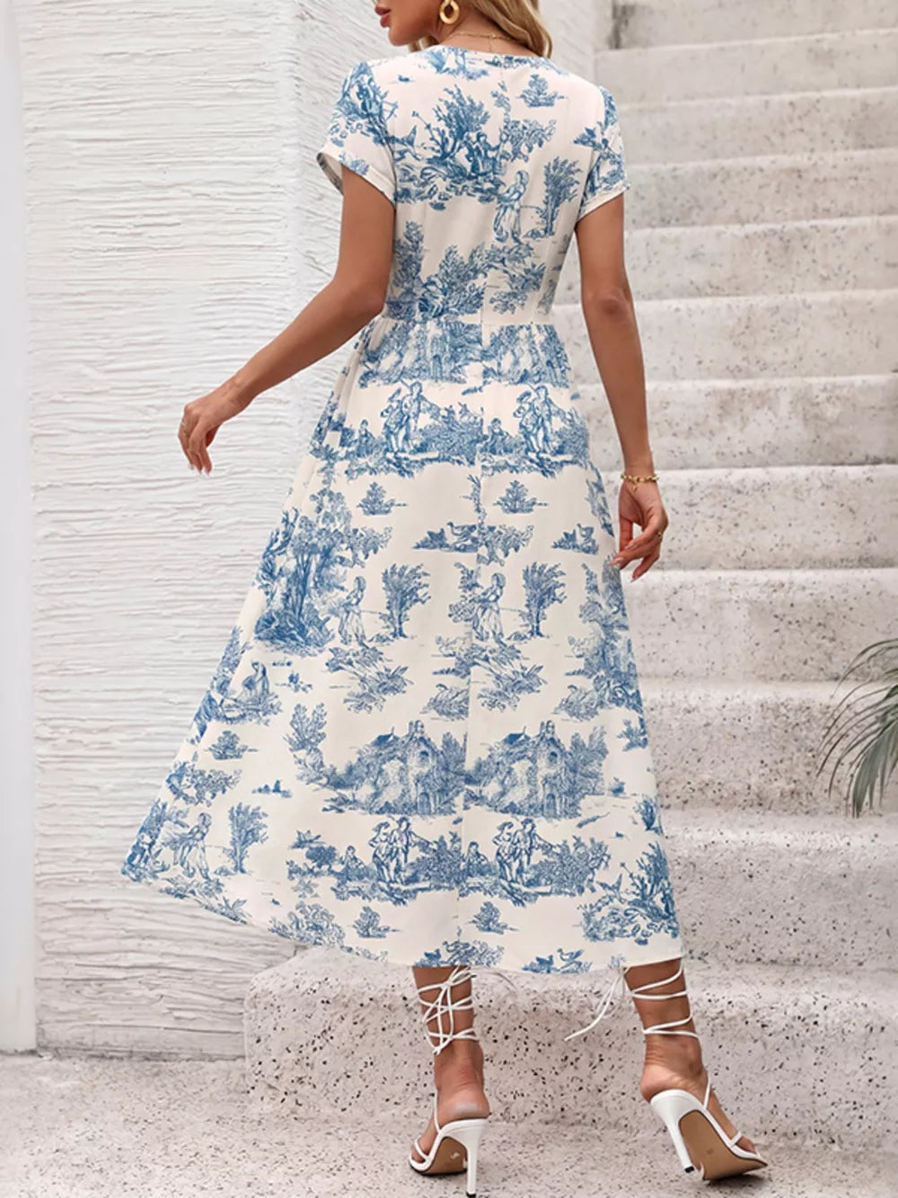 Toile print midi dress with V-neck, short sleeves, and a-line skirt.