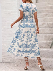 Toile print midi dress with V-neck, short sleeves, and a-line skirt.