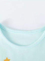 Light blue cotton toddler dress with gold star detail and light blue trim neckline.