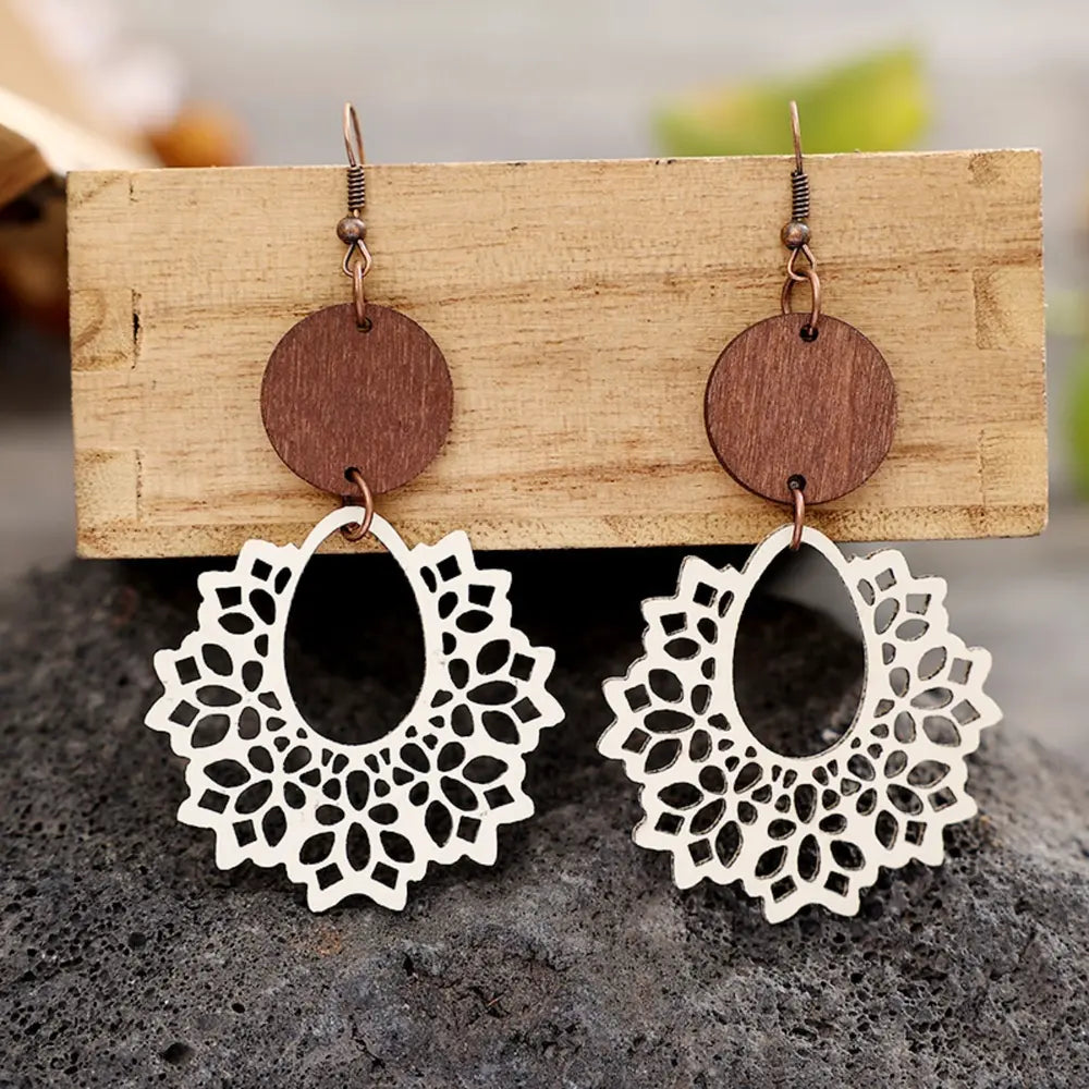 Floral laser-cut wooden drop earrings in ivory with tan wood accents