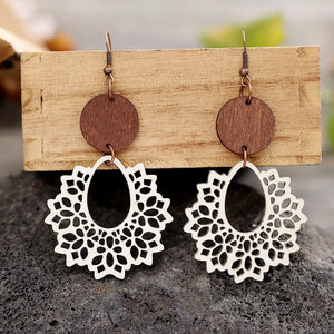 Floral laser-cut wooden drop earrings in ivory with tan wood accents