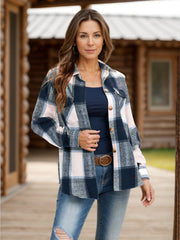 Checked plaid button-down overshirt with navy, blush, and white plaid pattern.