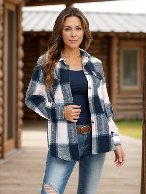 Checked plaid button-down overshirt with navy, blush, and white plaid pattern.