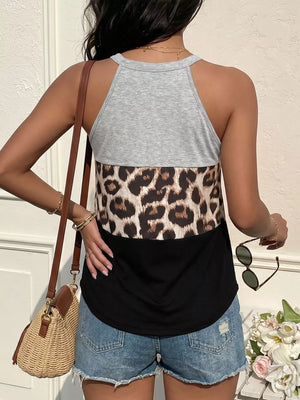 Halter tank top with grey, leopard print, and black color blocking.