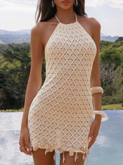 Tassel-trim Openwork Halter Mini Dress