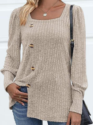 Ribbed knit blouse in Dust Storm with square neck, puff sleeves, and decorative buttons.