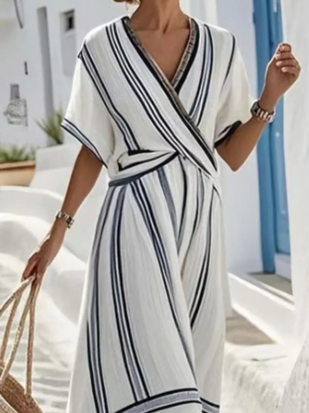 Striped Short Sleeve Wrap Maxi Dress Plus Size in White, side view