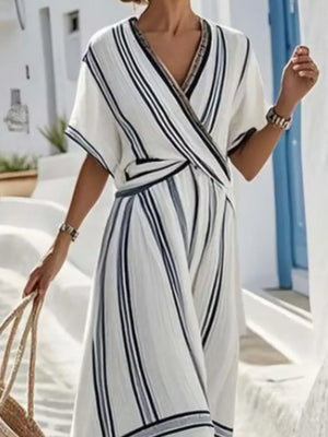 Striped Short Sleeve Wrap Maxi Dress Plus Size in White, side view