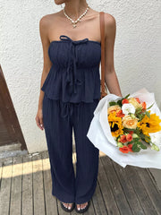 Navy ruffled peplum tube top and drawstring wide-leg pants set