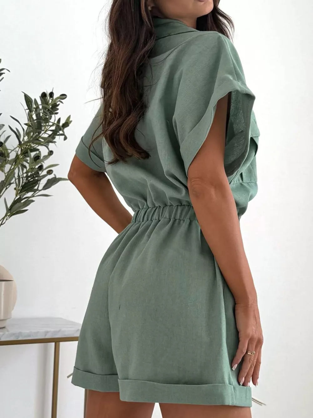 Button Front Short Sleeve Shirt And Shorts Set in Gum Leaf, product detail