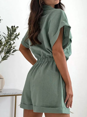 Button Front Short Sleeve Shirt And Shorts Set in Gum Leaf, product detail