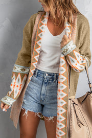 Khaki open-front knit cardigan with geometric trim on sleeves and front opening