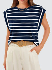 Dark blue and white striped sleeveless tank top with a round neckline.