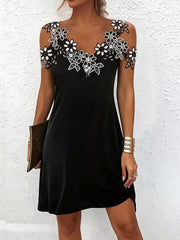 Lace Floral Trim Cold Shoulder Mini Dress in Black, front view