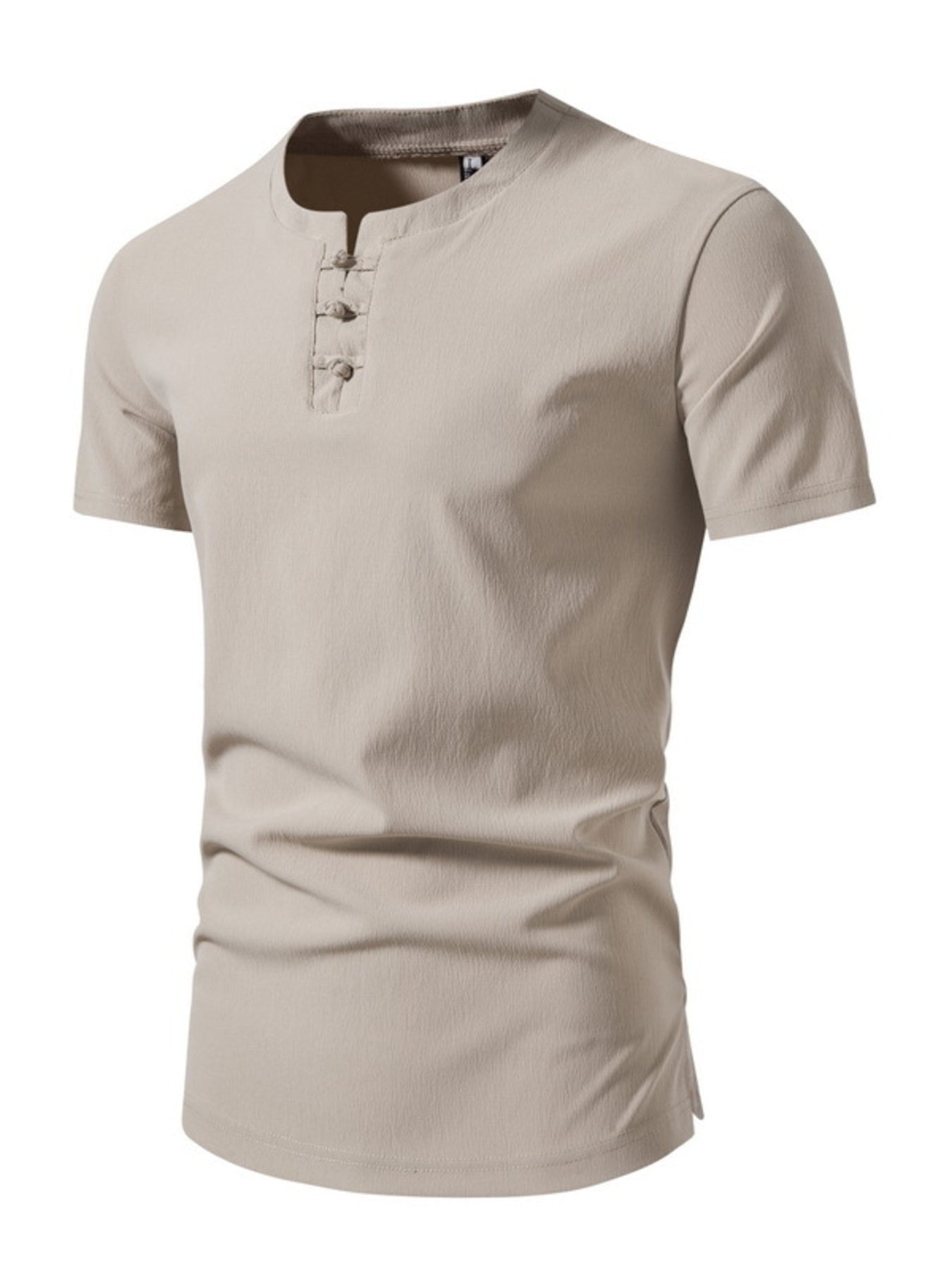 Men's short sleeve camel cotton henley t-shirt with button detail