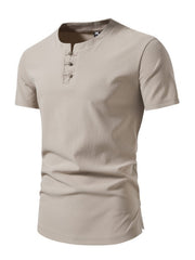 Men's short sleeve camel cotton henley t-shirt with button detail