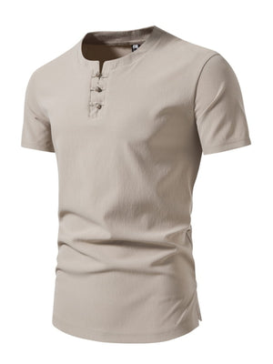 Men's short sleeve camel cotton henley t-shirt with button detail