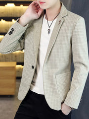 Men's slim fit blazer in light gray micro-plaid with a single button closure and notched lapel.