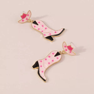 Pink cowboy boot dangle earrings with polka dots and a hat detail.