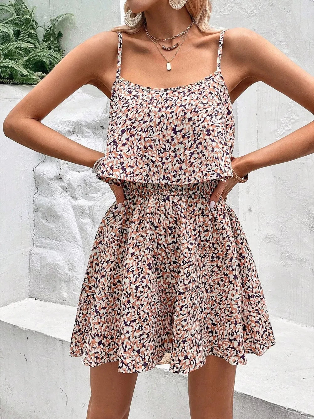 Printed Spaghetti Strap Romper, model styling view