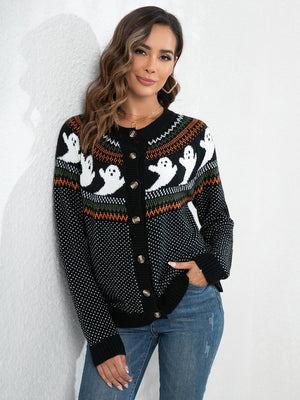 Black button-down cardigan with ghost Fair Isle pattern, crew neck, and acrylic knit.