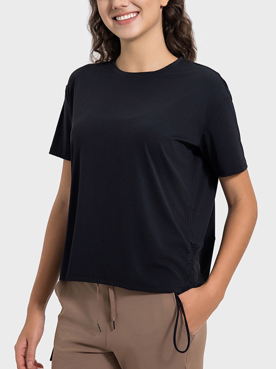 Black jersey t-shirt with side tie detail and crew neck