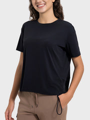 Black jersey t-shirt with side tie detail and crew neck