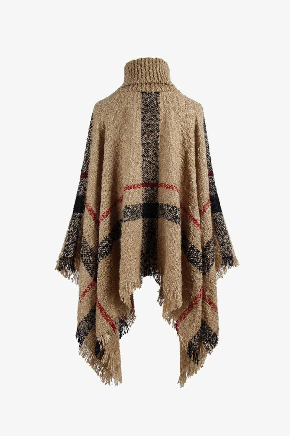 Beige plaid turtleneck cape with fringe detail and textured acrylic knit.