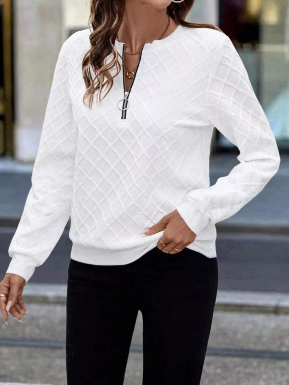 Textured Quarter-zip Sweatshirt in Pink, model styling view