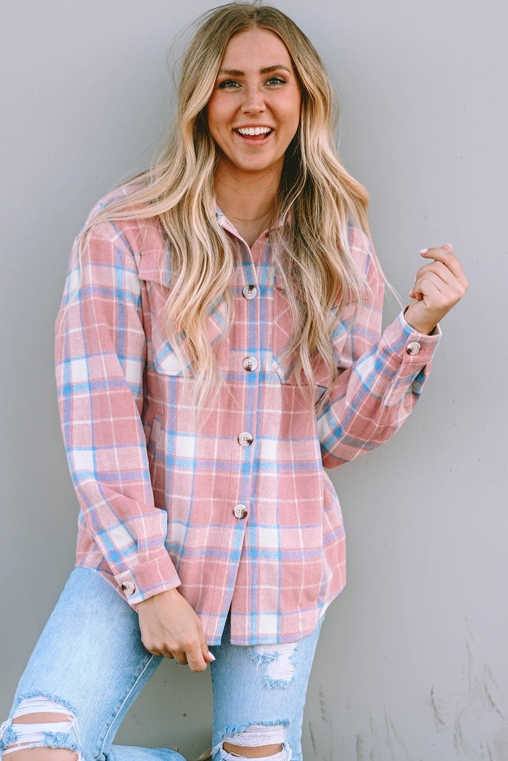 Chic checkered collar jacket in blush pink with buttoned front and chest pockets.