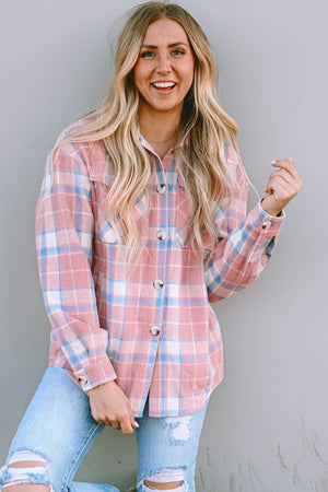 Chic checkered collar jacket in blush pink with buttoned front and chest pockets.