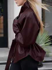 Stand Collar Belted Faux Leather Jacket in Wine Red, fabric detail