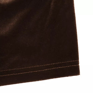 Brown velvet blouse with lace trim detail and V-neck.