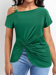 Dark green asymmetric tee with buckle detail and knotted hem