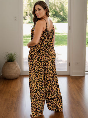Cami leopard print palazzo jumpsuit in caramel with wide legs and spaghetti straps.