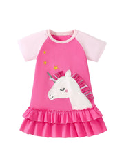 Toddler pink cotton dress with unicorn applique and double ruffled hem