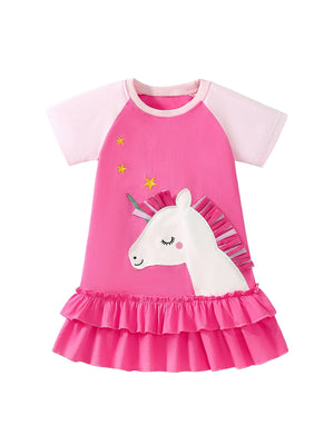 Toddler pink cotton dress with unicorn applique and double ruffled hem