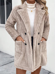 Textured teddy bear overcoat in Dust Storm with double-breasted buttons and front pockets.