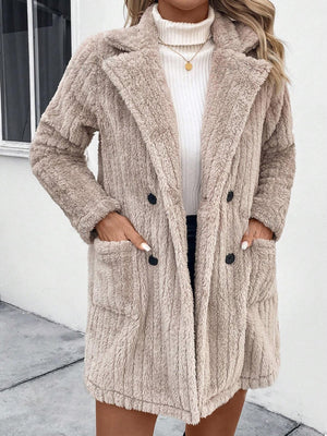 Textured teddy bear overcoat in Dust Storm with double-breasted buttons and front pockets.