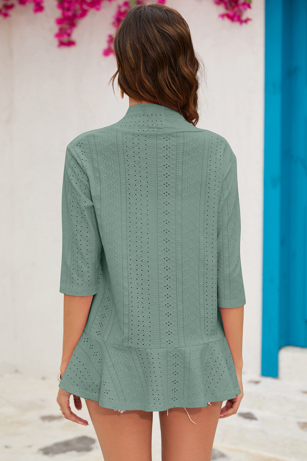 Light Green perforated ruffle hem cardigan with 3/4 sleeves