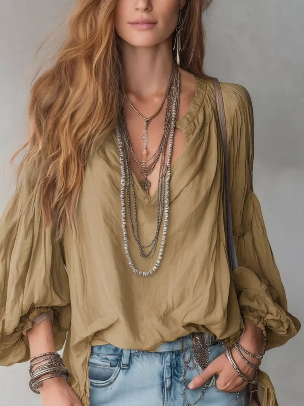 Notched Balloon Sleeve Blouse in Black, view 14