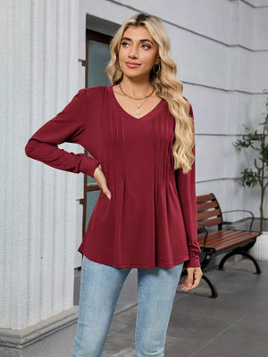 Burgundy V-neck long sleeve maternity t-shirt with pleated detail