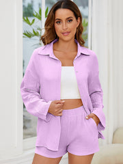 Lavender textured cotton co-ord set with relaxed fit shirt and shorts.