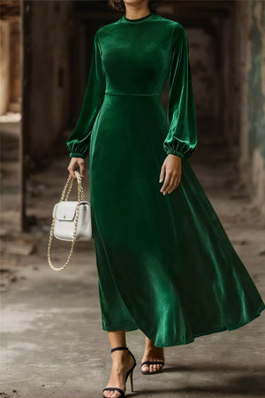 Velvet Balloon Sleeve Maxi Dress in Dark Green, front view